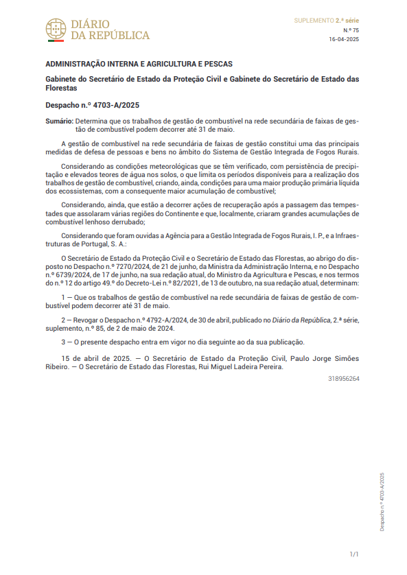 Divulgação do Despacho n.º 4703-A/2025